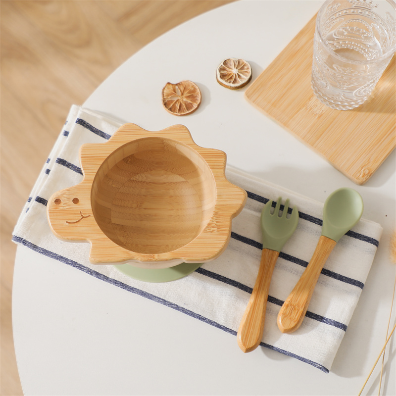 Baby Food Universe - 赤ちゃんの恐竜の食器,木製のプレート,ボウル,シリコン吸引,木製のハンドル,フォーク,スプーン,子供の給餌ギフト