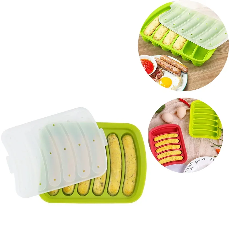 Baby Food Maker Baby Safe - DIYハム、ホットドッグ、ベビーフード作りに最適な、グリーンの6マス型シリコン製ソーセージメーカー。焦げ付き防止加工で、食洗機にも対応。家庭用。