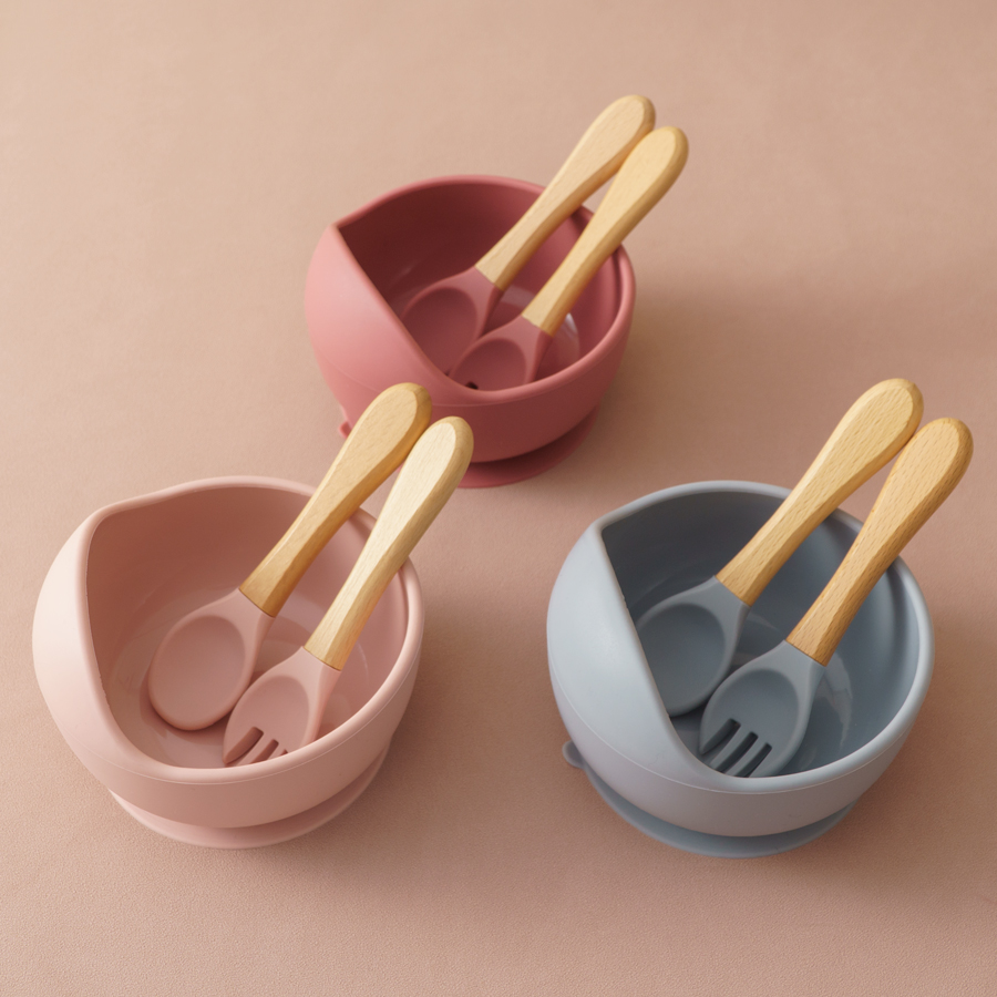 Silicone Suction Bowl - 3 個のシリコンベビー給餌ボウルセットベビー学習食器吸引ボウルセット木製スプーンフォーク子供食器ベビー用品