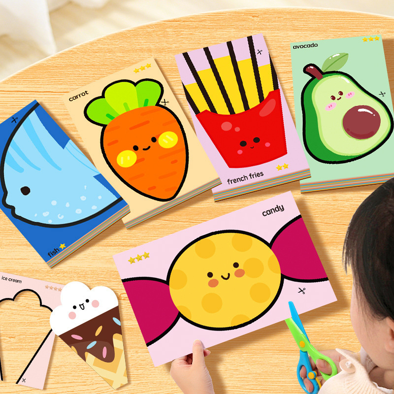 Baby Food Scissors - 手作りの切り絵 興味深い折り紙スーツ 動物/植物/食べ物の模様 はさみも付属 親子で遊べるおもちゃ