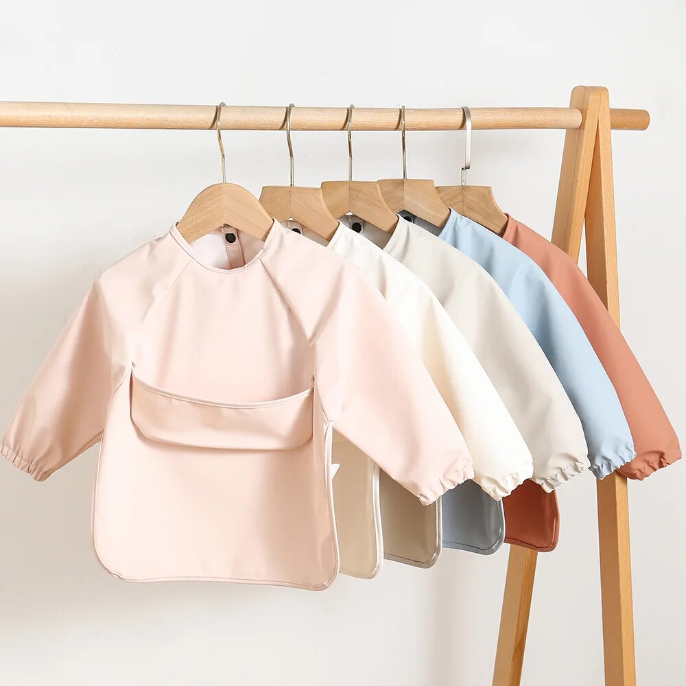 Baby Food Apron - 1個無地カラー絵画スモックベビー用ソフト防水長袖アートスモックフィードビブエプロン子供用アクセサリー