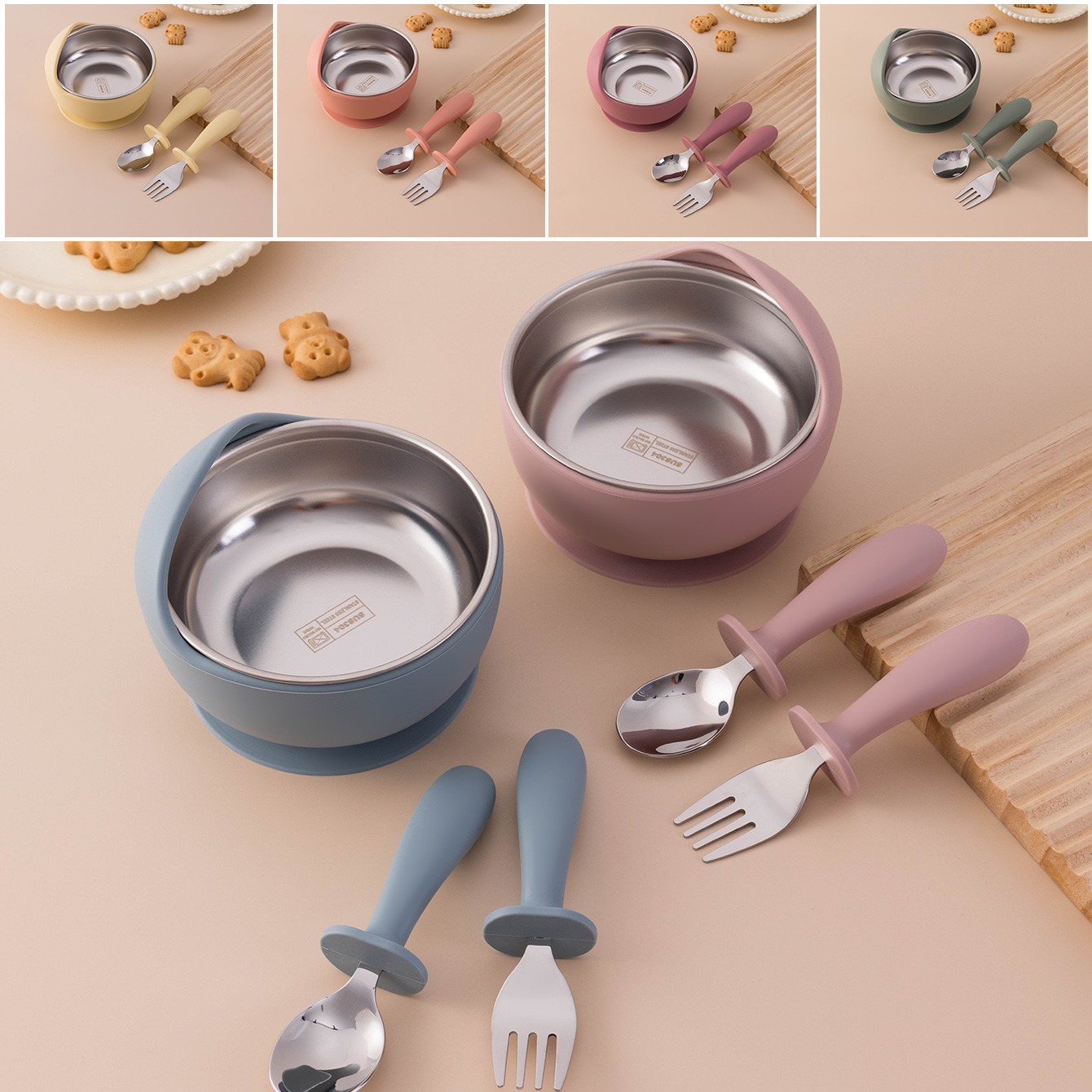 Self Feed Spoon - カラーキッズ 3 個ステンレス鋼シリコーン給餌セット取り外し可能な吸引ボウル自己給餌器具 BPA フリートレーニングフォークスプーン