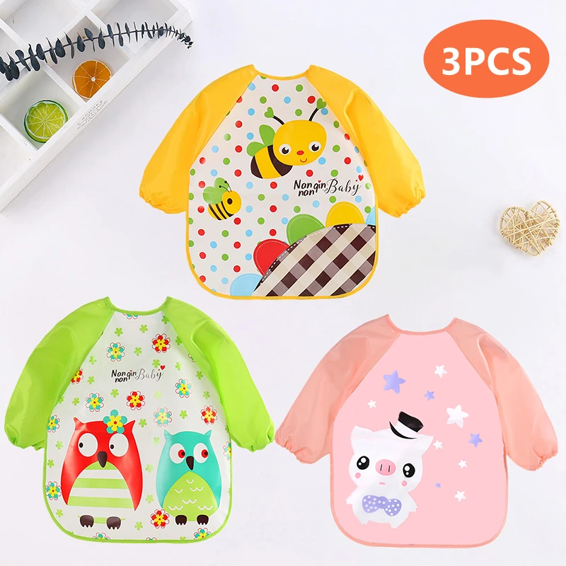Baby Food Apron - ベビーよだれかけかわいいカラフルな漫画防水よだれかけ幼児食べる子供描画長袖ポケットエプロン自己給餌赤ちゃん 0-3Y