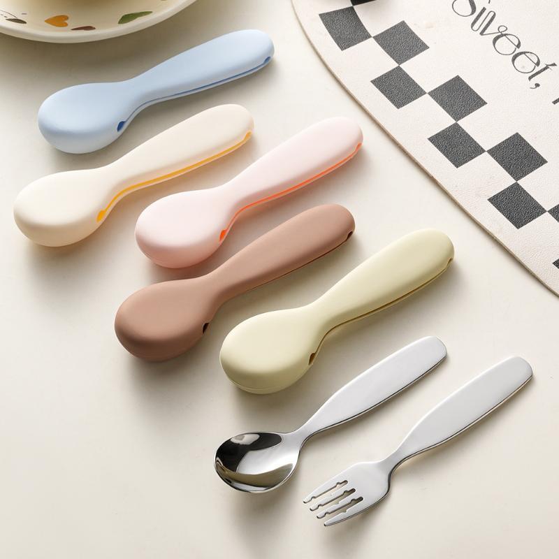 Self Feed Spoon - ステンレス製幼児用スプーンとフォークセット BPAフリー シリコン製収納ケース 子供用 自立食練習 家庭用