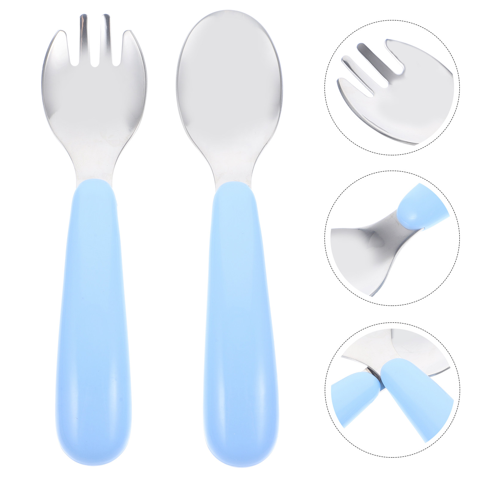 Self Feed Spoon - 幼児用フォークとスプーンのセット。ステンレス製で、滑り止め加工が施されており、持ち運びにも便利。自分で食事をする練習に最適な子供用食器。