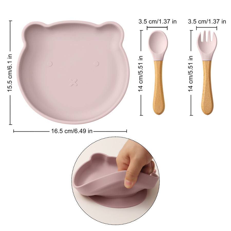 3 個漫画クマシリコーン吸引皿プレートボウルセット木製スプー - Self Feed Spoon のレビューと価格