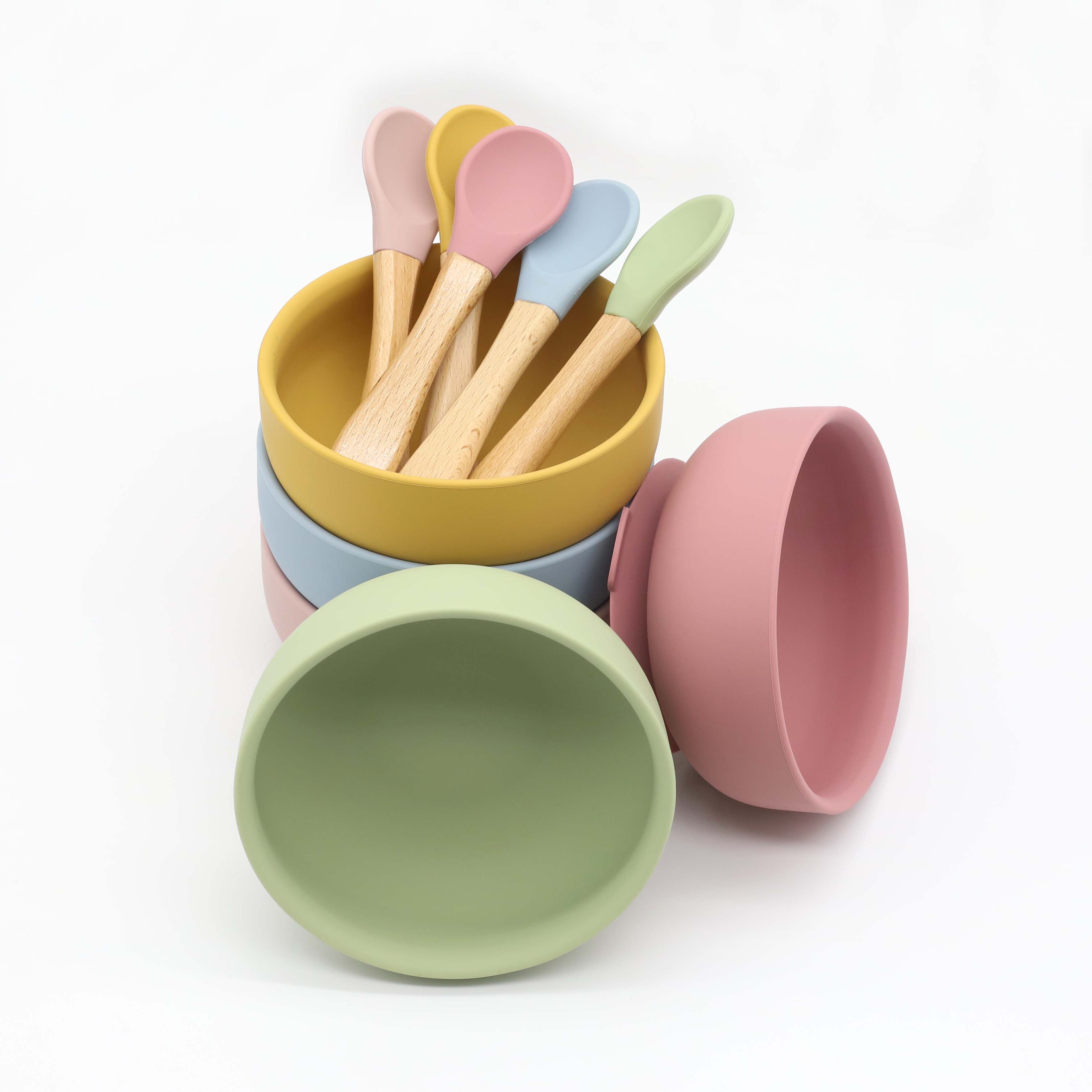 吸盤付きシリコンボウル、木製ハンドルのスプーン、ベビーフード - Silicone Suction Bowl のレビューと価格