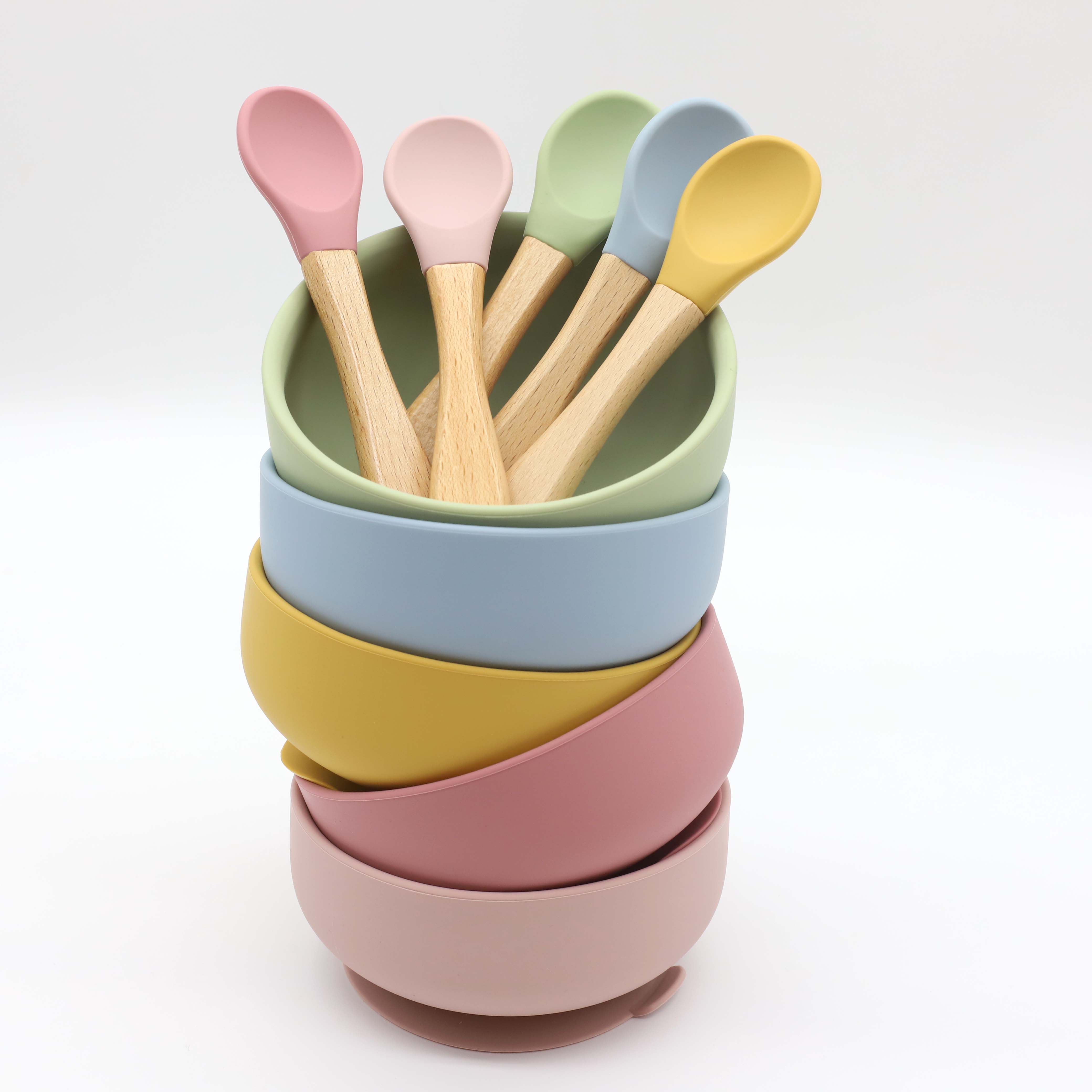 吸盤付きシリコンボウル、木製ハンドルのスプーン、ベビーフード - Silicone Suction Bowl のレビューと価格