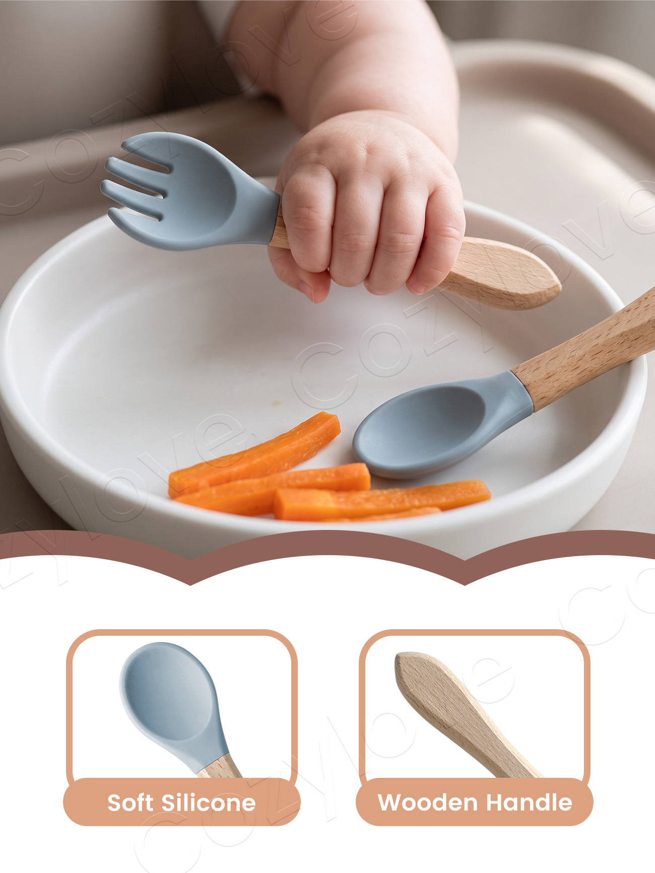 ベビーシリコンフォークスプーンセット、天然木製ハンドル付き幼 - Self Feed Spoon のレビューと価格